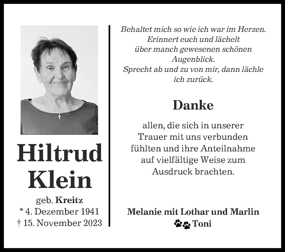  Traueranzeige für Hiltrud Klein vom 17.12.2023 aus Zeitung am Sonntag