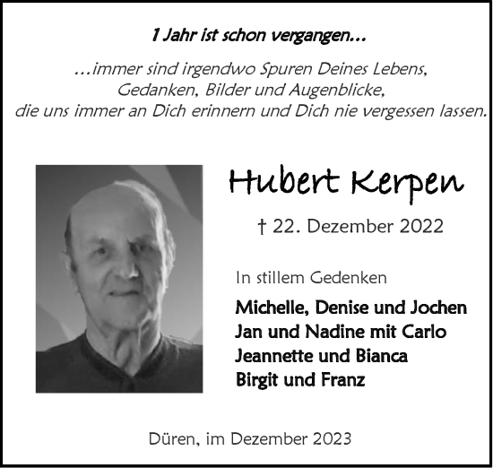 Traueranzeige von Hubert Kerpen von Zeitung am Sonntag