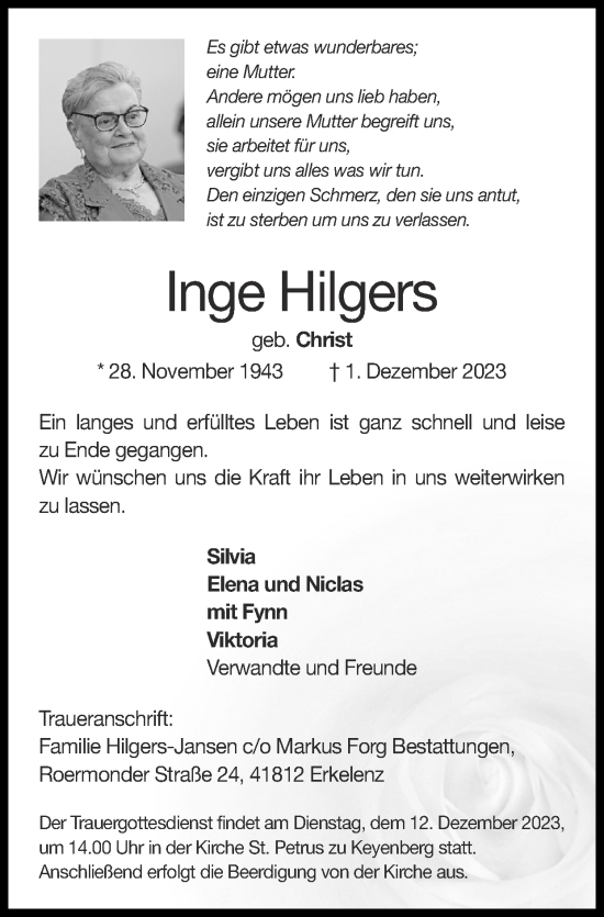 Traueranzeige von Inge Hilgers von Zeitung am Sonntag