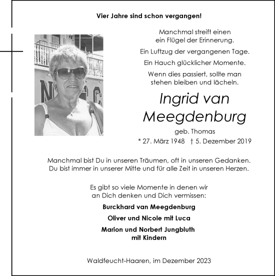 Traueranzeige von Ingrid van Meegdenburg von Zeitung am Sonntag