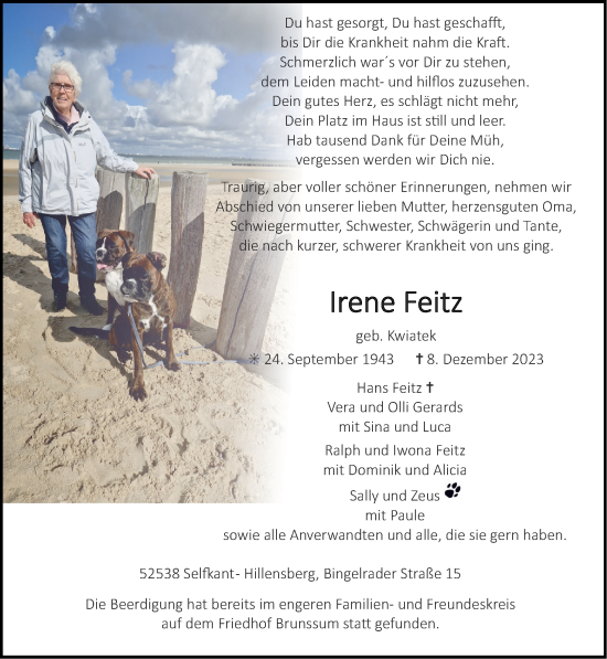 Traueranzeige von Irene Feitz von Zeitung am Sonntag