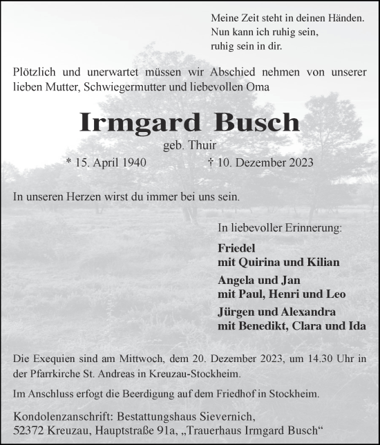Traueranzeige von Irmgard Busch von Zeitung am Sonntag