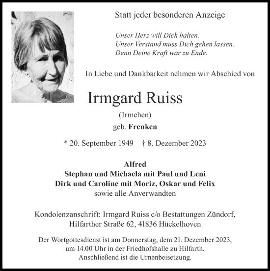 Traueranzeige von Irmgard Ruiss von Zeitung am Sonntag