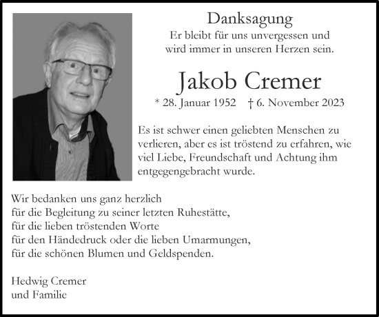 Traueranzeige von Jakob Cremer von Zeitung am Sonntag