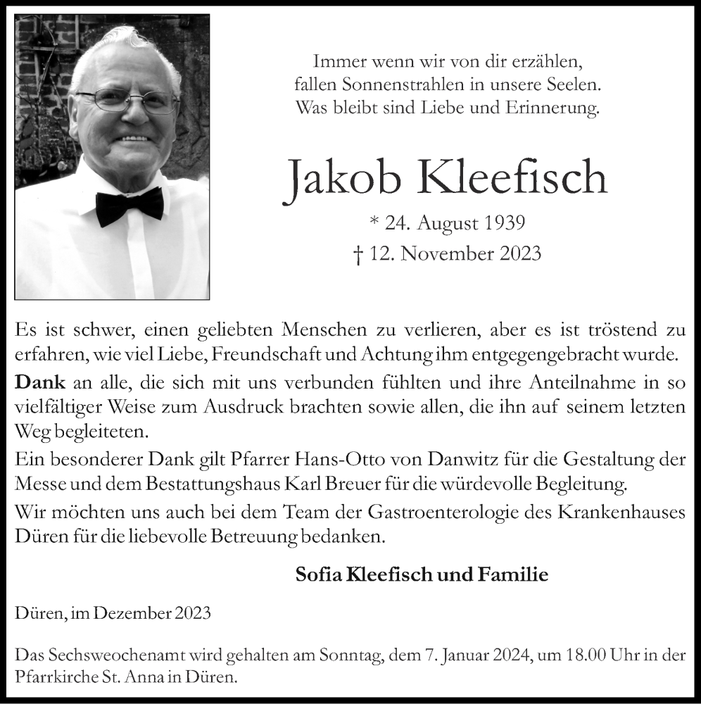  Traueranzeige für Jakob Kleefisch vom 31.12.2023 aus Zeitung am Sonntag