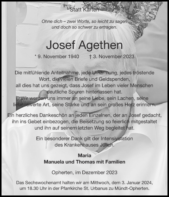 Traueranzeige von Josef Agethen von Zeitung am Sonntag