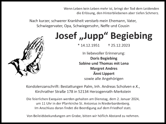 Traueranzeige von Josef Begiebing von Zeitung am Sonntag