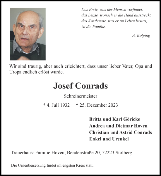 Traueranzeige von Josef Conrads von Aachener Zeitung