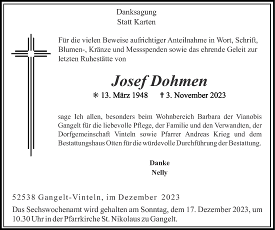 Traueranzeige von Josef Dohmen von Zeitung am Sonntag