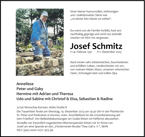 Traueranzeige von Josef Schmitz von Aachener Zeitung