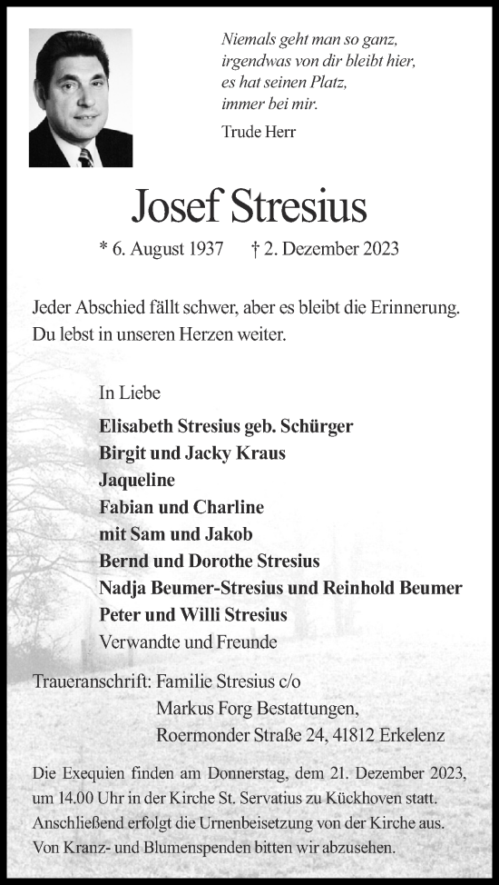 Traueranzeige von Josef Stresius von Zeitung am Sonntag