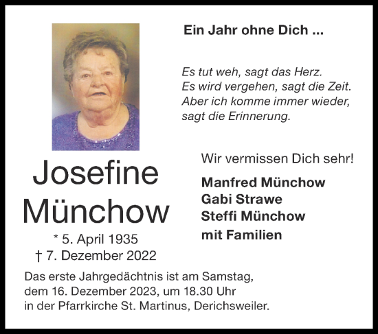 Traueranzeige von Josefine Münchow von Zeitung am Sonntag