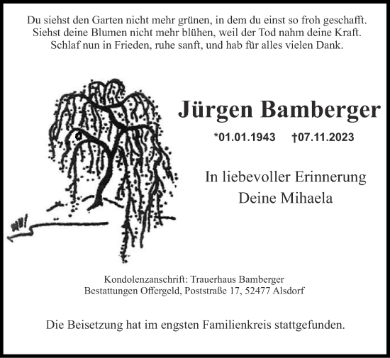 Traueranzeige von Jürgen Bamberger von Zeitung am Sonntag