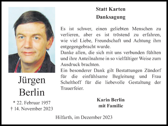 Traueranzeige von Jürgen Berlin von Zeitung am Sonntag