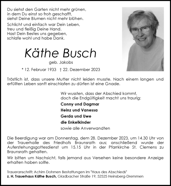 Traueranzeige von Käthe Busch von Zeitung am Sonntag