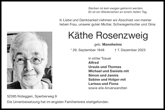 Traueranzeige von Käthe Rosenzweig von Zeitung am Sonntag