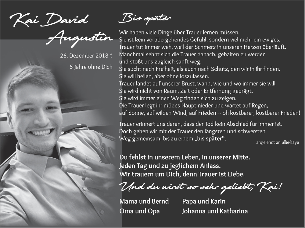  Traueranzeige für Kai David Augustin vom 24.12.2023 aus Zeitung am Sonntag