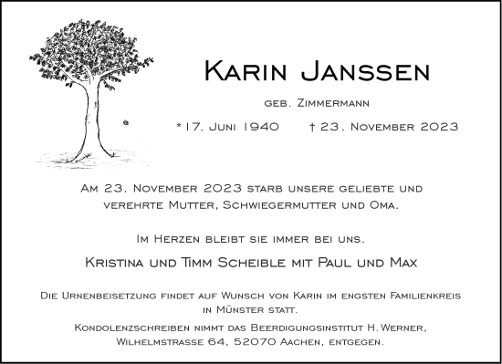 Traueranzeige von Karin Janssen von Aachener Zeitung