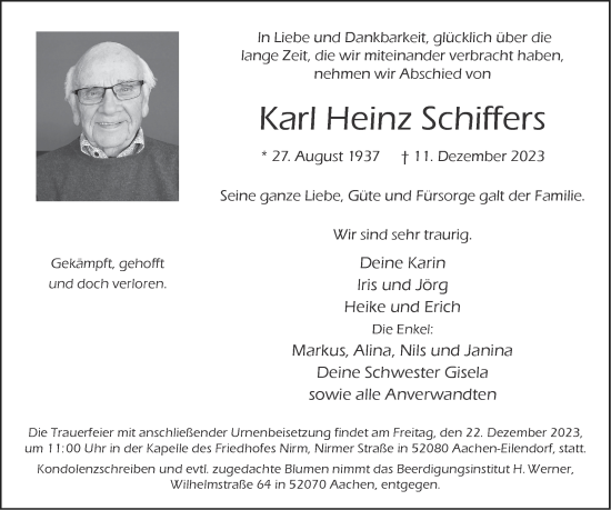 Traueranzeige von Karl Heinz Schiffers von Aachener Zeitung