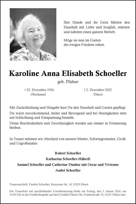 Traueranzeige von Karoline Anna Elisabeth  Schoeller von Aachener Zeitung