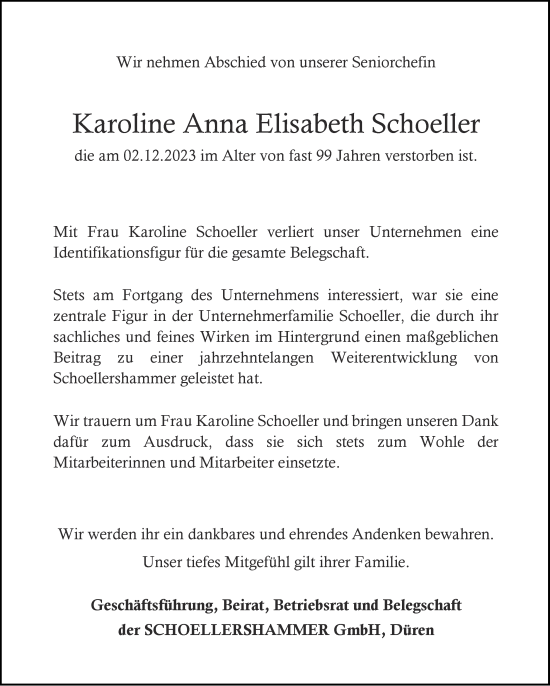 Traueranzeige von Karoline Anna Elisabeth  Schoeller von Zeitung am Sonntag