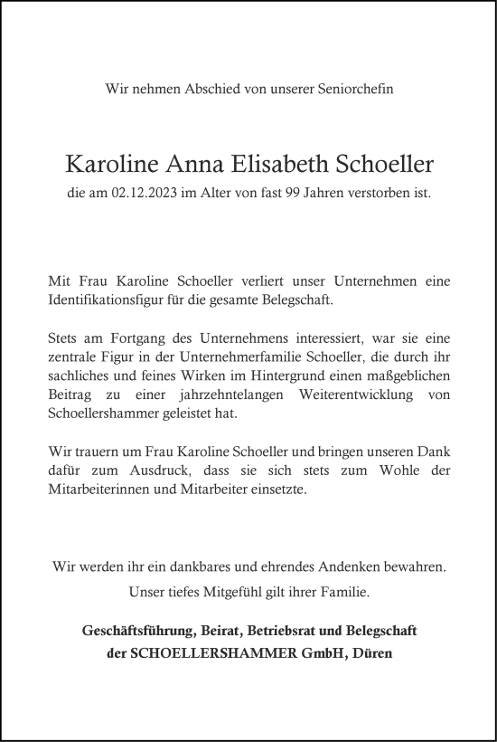 Traueranzeige von Karoline Anna Elisabeth  Schoeller von Aachener Zeitung