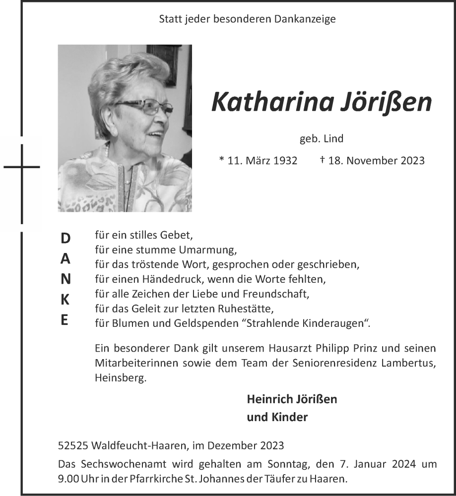  Traueranzeige für Katharina Jörißen vom 31.12.2023 aus Zeitung am Sonntag
