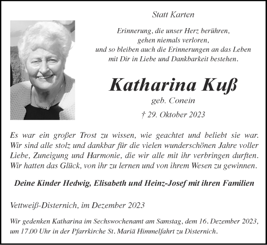 Traueranzeige von Katharina Kuß von Zeitung am Sonntag