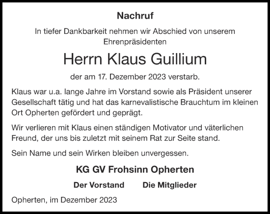Traueranzeige von Klaus Guillium von Zeitung am Sonntag