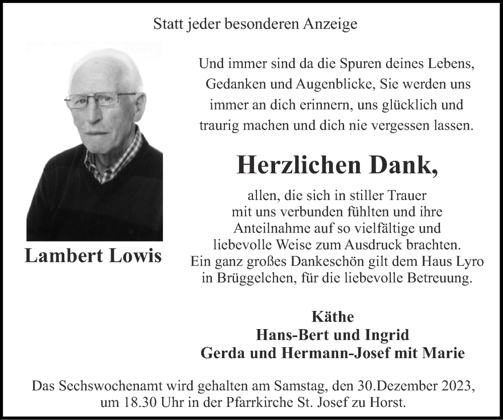  Traueranzeige für Lambert Lowis vom 24.12.2023 aus Zeitung am Sonntag