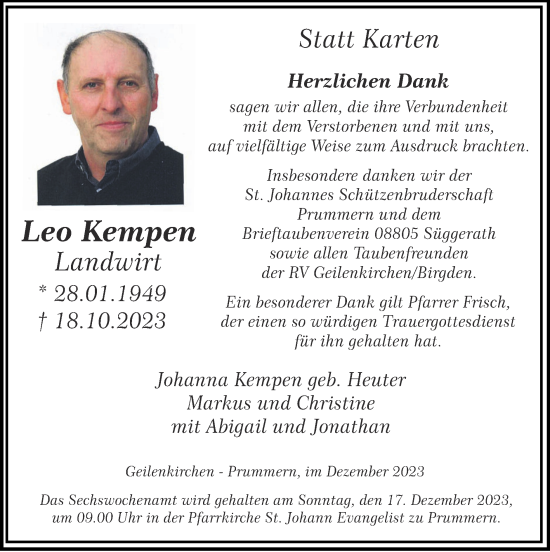 Traueranzeige von Leo Kempen von Zeitung am Sonntag