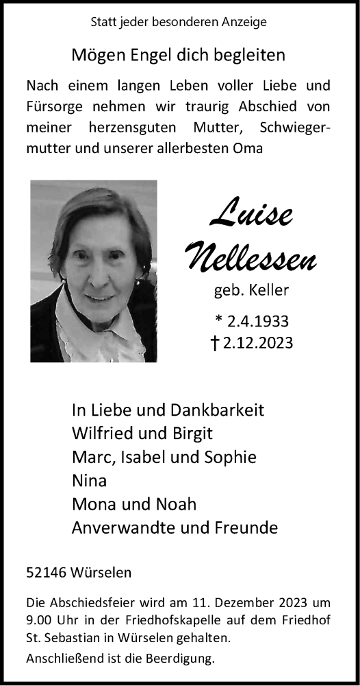 Traueranzeige von Luise Nellessen von Zeitung am Sonntag