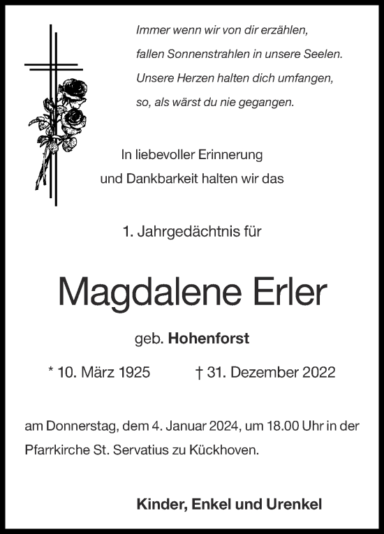 Traueranzeige von Magdalene Erler von Zeitung am Sonntag