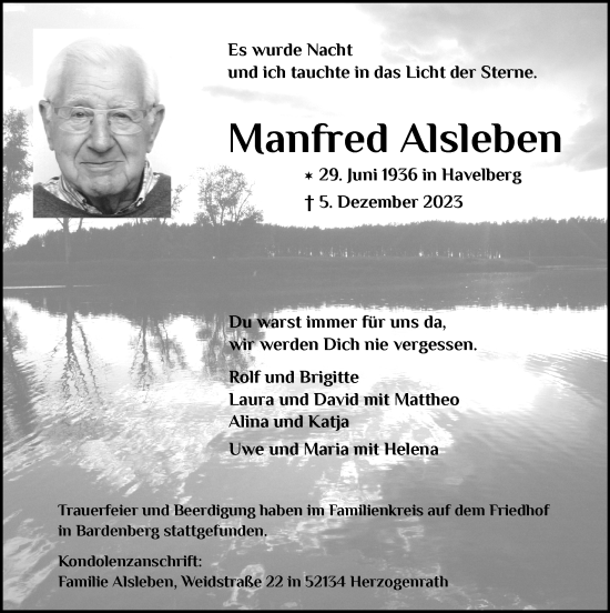 Traueranzeige von Manfred Alsleben von Zeitung am Sonntag