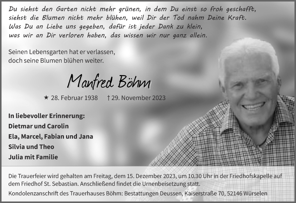  Traueranzeige für Manfred Böhm vom 10.12.2023 aus Zeitung am Sonntag