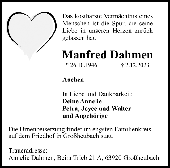 Traueranzeige von Manfred Dahmen von Aachener Zeitung