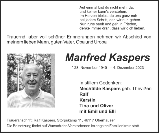 Traueranzeige von Manfred Kaspers von Zeitung am Sonntag