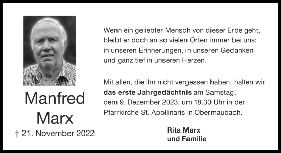Traueranzeige von Manfred Marx von Zeitung am Sonntag