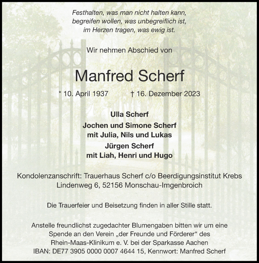  Traueranzeige für Manfred Scherf vom 23.12.2023 aus Aachener Zeitung