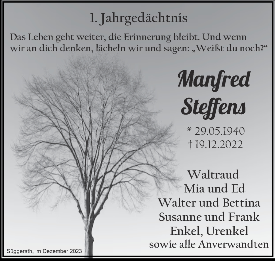 Traueranzeige von Manfred Steffens von Zeitung am Sonntag