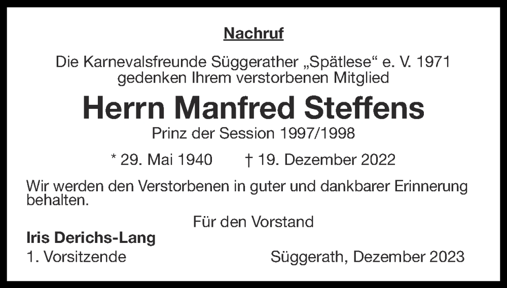  Traueranzeige für Manfred Steffens vom 31.12.2023 aus Zeitung am Sonntag