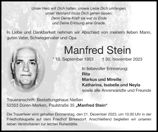 Traueranzeige von Manfred Stein von Zeitung am Sonntag