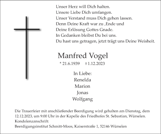 Traueranzeige von Manfred Vogel von Zeitung am Sonntag