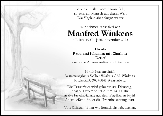 Traueranzeige von Manfred Winkens von Zeitung am Sonntag