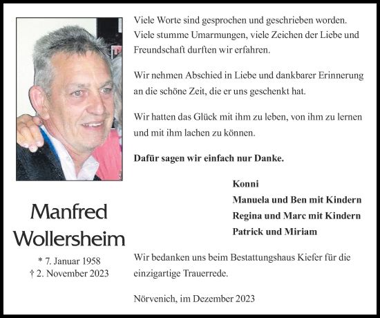 Traueranzeige von Manfred Wollersheim von Zeitung am Sonntag