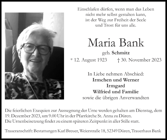 Traueranzeige von Maria Bank von Zeitung am Sonntag