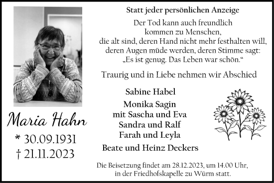 Traueranzeige von Maria Hahn von Zeitung am Sonntag