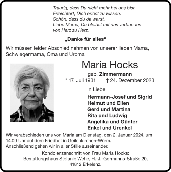 Traueranzeige von Maria Hocks von Zeitung am Sonntag