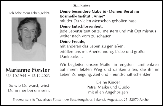 Traueranzeige von Marianne Förster von Aachener Zeitung
