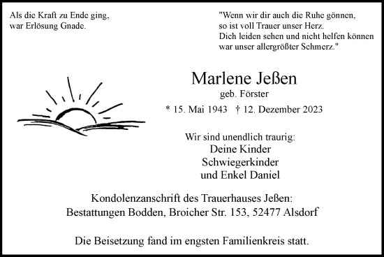 Traueranzeige von Marlene Jeßen von Zeitung am Sonntag